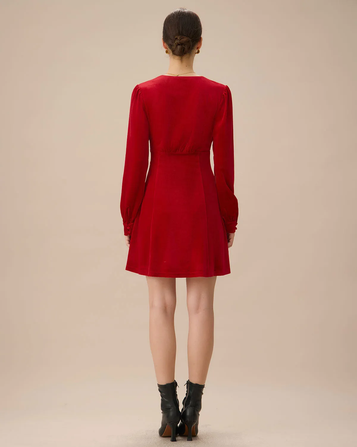 Red Velvet Puffed Sleeve A-Line Mini Dress