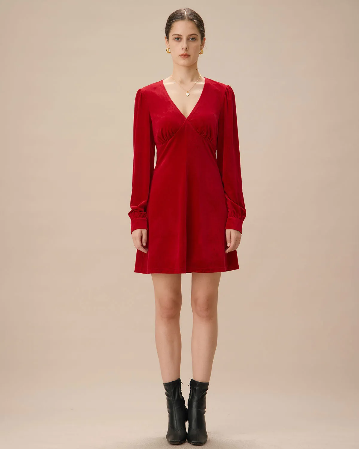 Red Velvet Puffed Sleeve A-Line Mini Dress