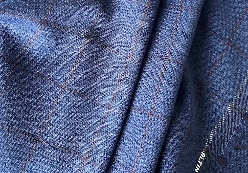 Selvedged Royal Windowpane Plaid Stretch Wool  (Made in Turkey)