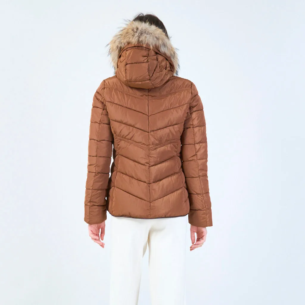 Short puffer jacket with faux fur hood wholesale