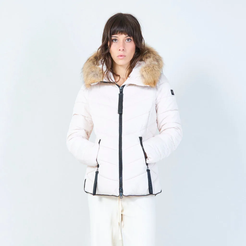 Short puffer jacket with faux fur hood wholesale