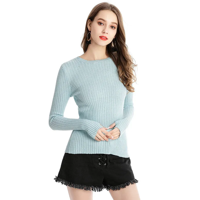 Solid Color Round Neck Long Sleeve Sweaters