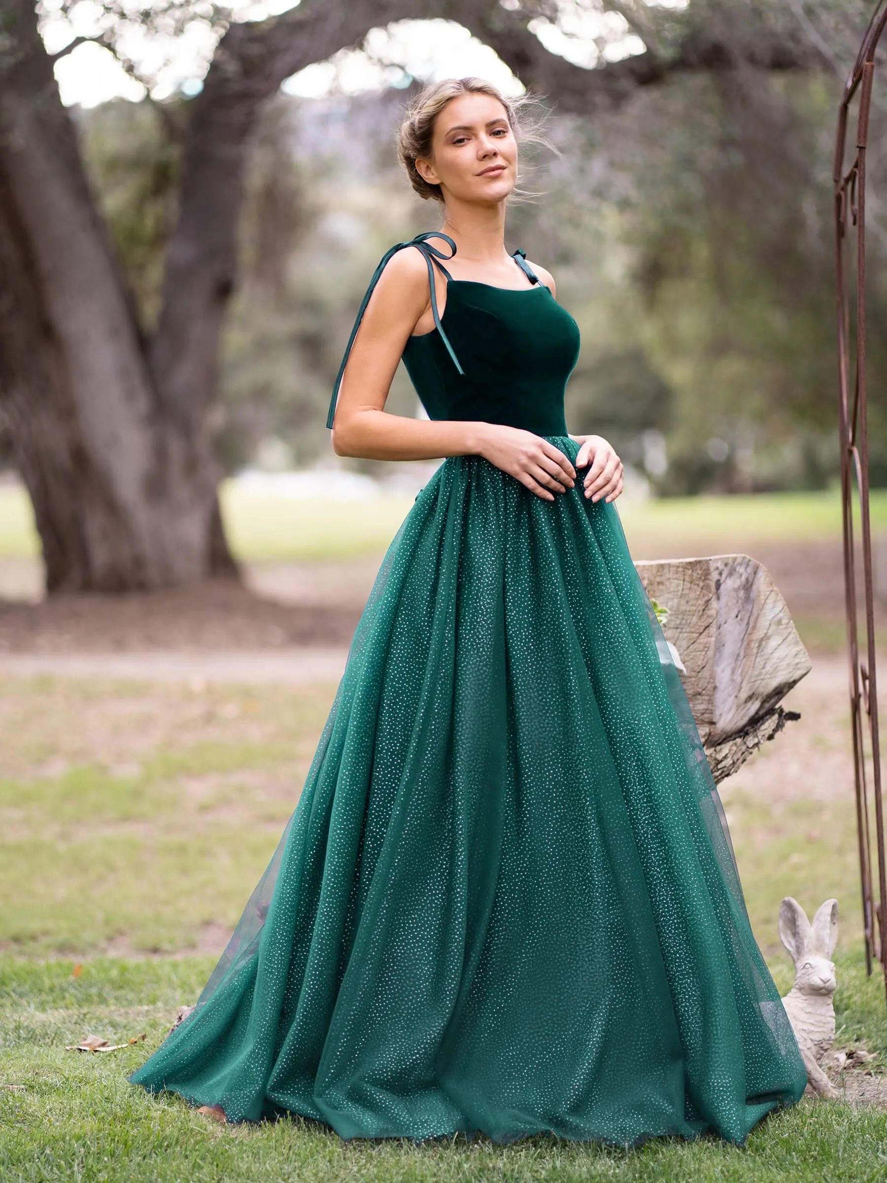 Spagatti Straps Velvet Tulle Floor Length Prom Dress