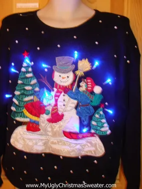 Tacky Light Up Christmas Sweater Children Snowman and Ski Theme