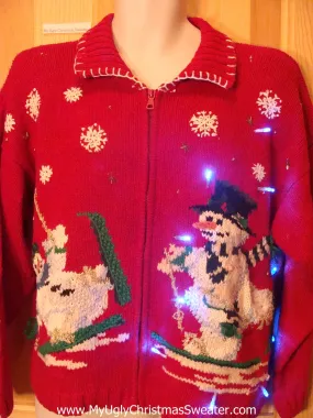 Tacky Red Ski Theme Light Up Christmas Sweater Skiing Snowmen