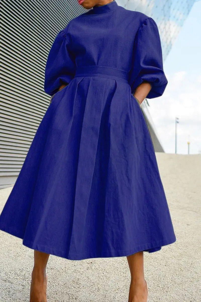 Turtleneck Neck Puff Sleeve Midi Dress