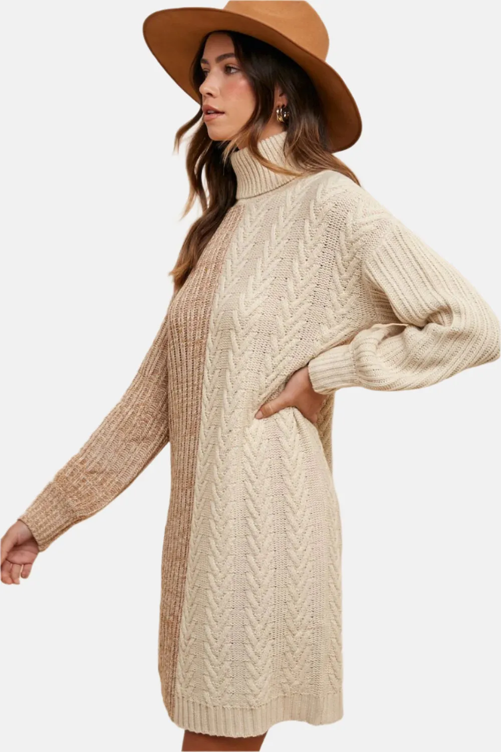 Two-Tone Knitted Turtleneck Sweater Dress