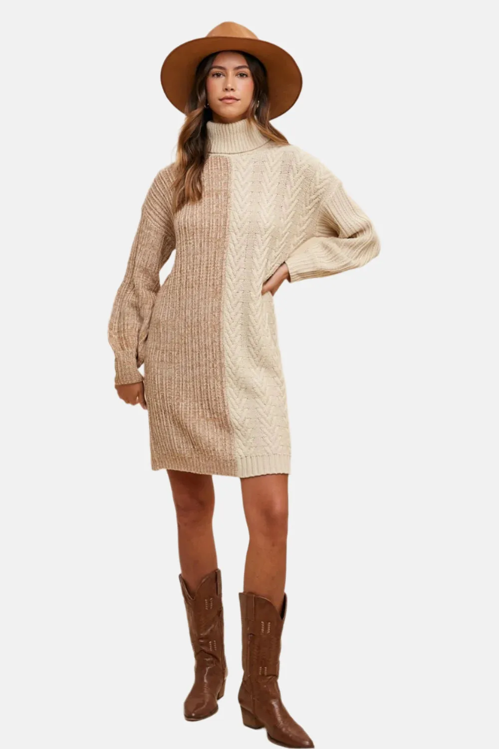 Two-Tone Knitted Turtleneck Sweater Dress