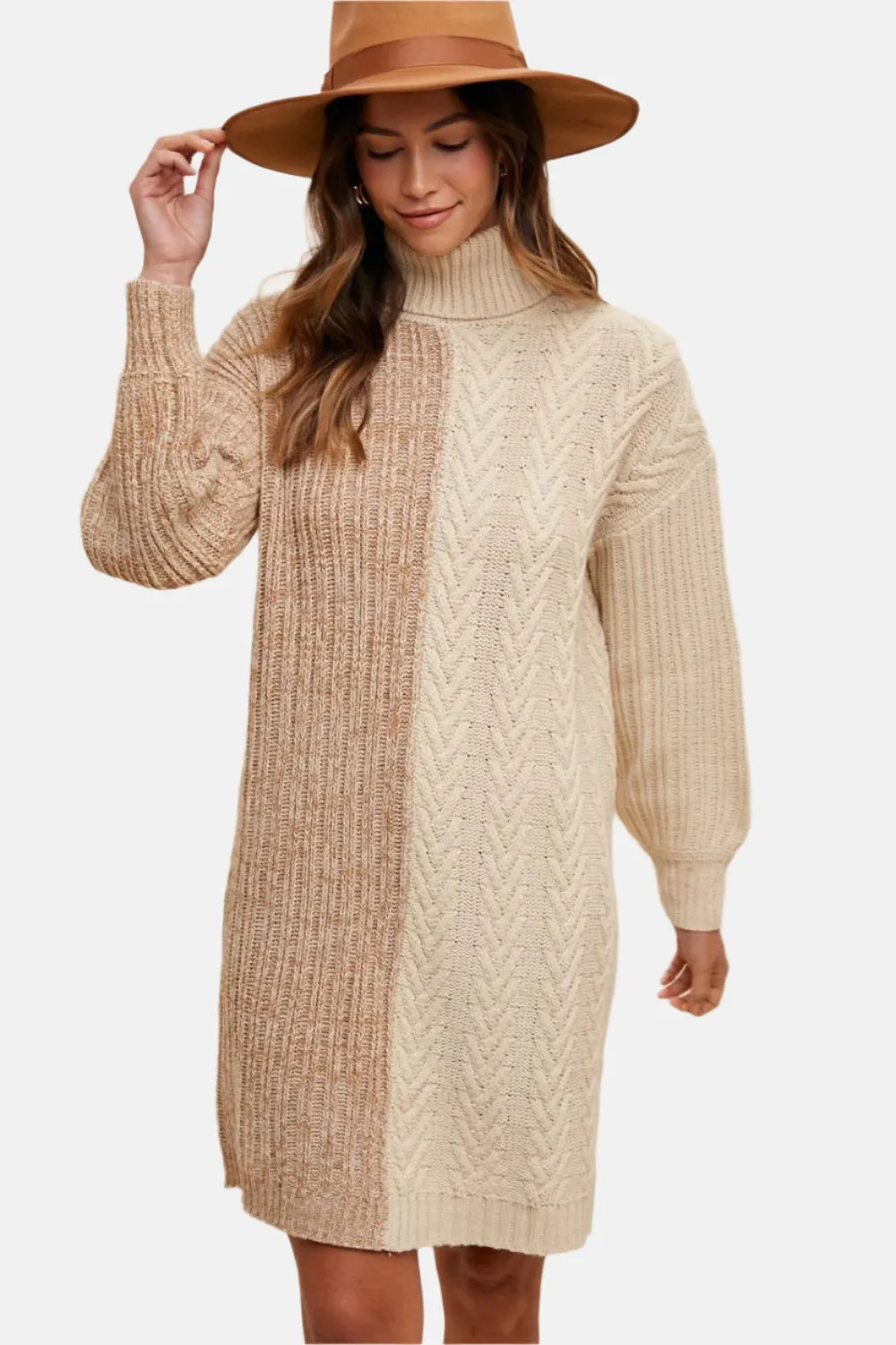 Two-Tone Knitted Turtleneck Sweater Dress