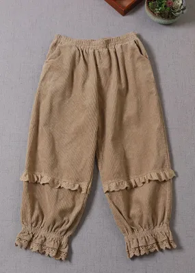 Unique Khaki Lace Patchwork Corduroy Pants Winter