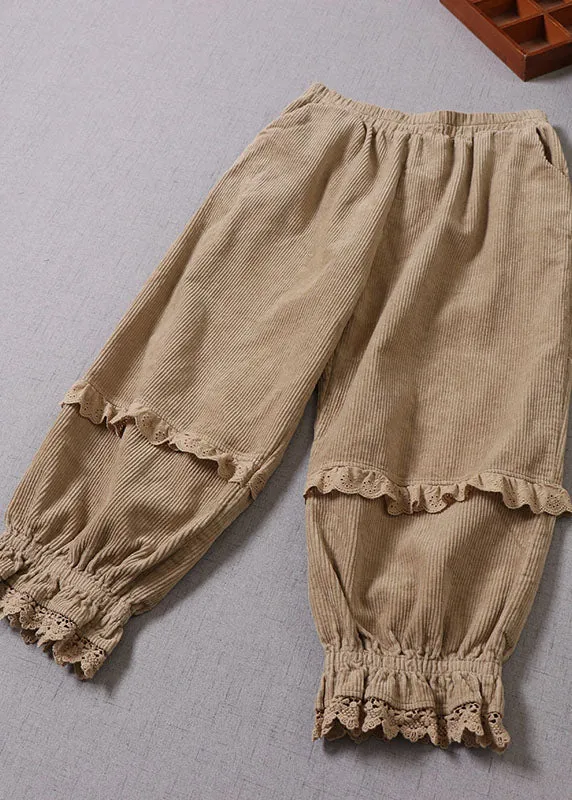 Unique Khaki Lace Patchwork Corduroy Pants Winter