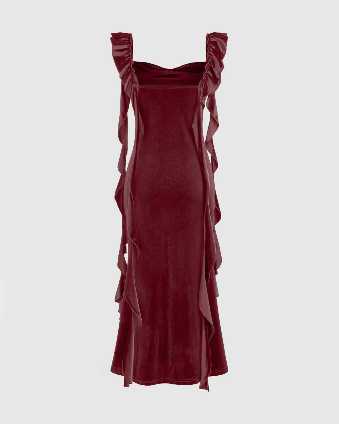 Velvet Cowl Neck Solid Ruffle Maxi Dress  In Rose Gold