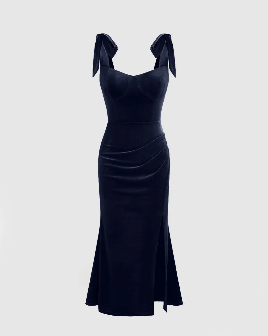 Velvet Sweetheart Neckline Split Ruched Knotted Maxi Dress In Navy Blue