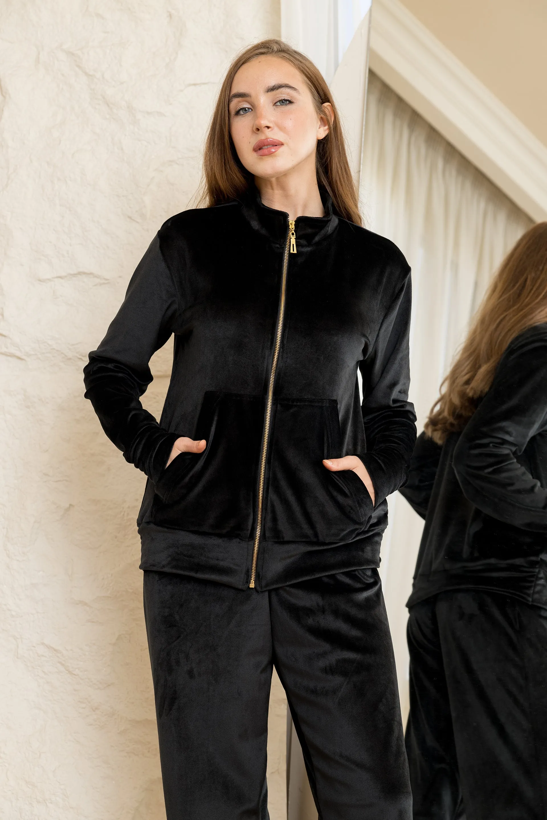 Velvet Zip-Up Lounge Set - Black