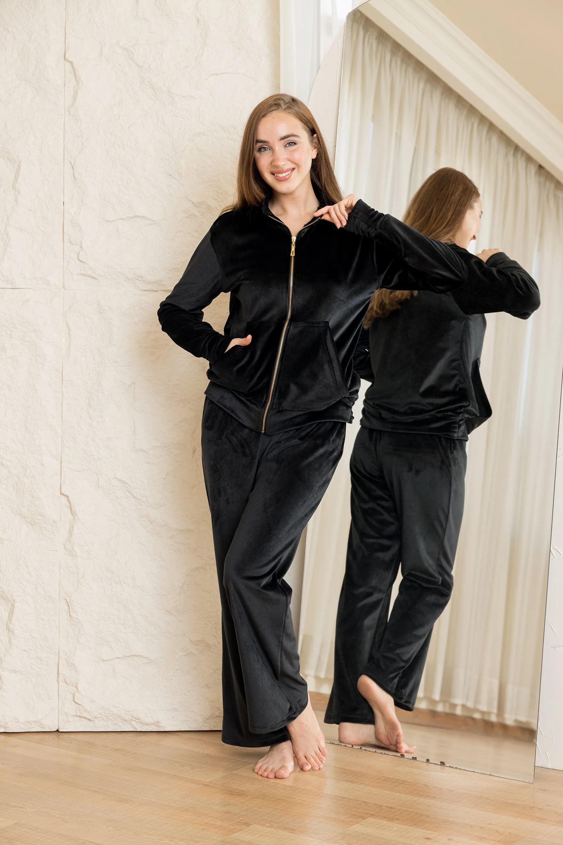 Velvet Zip-Up Lounge Set - Black