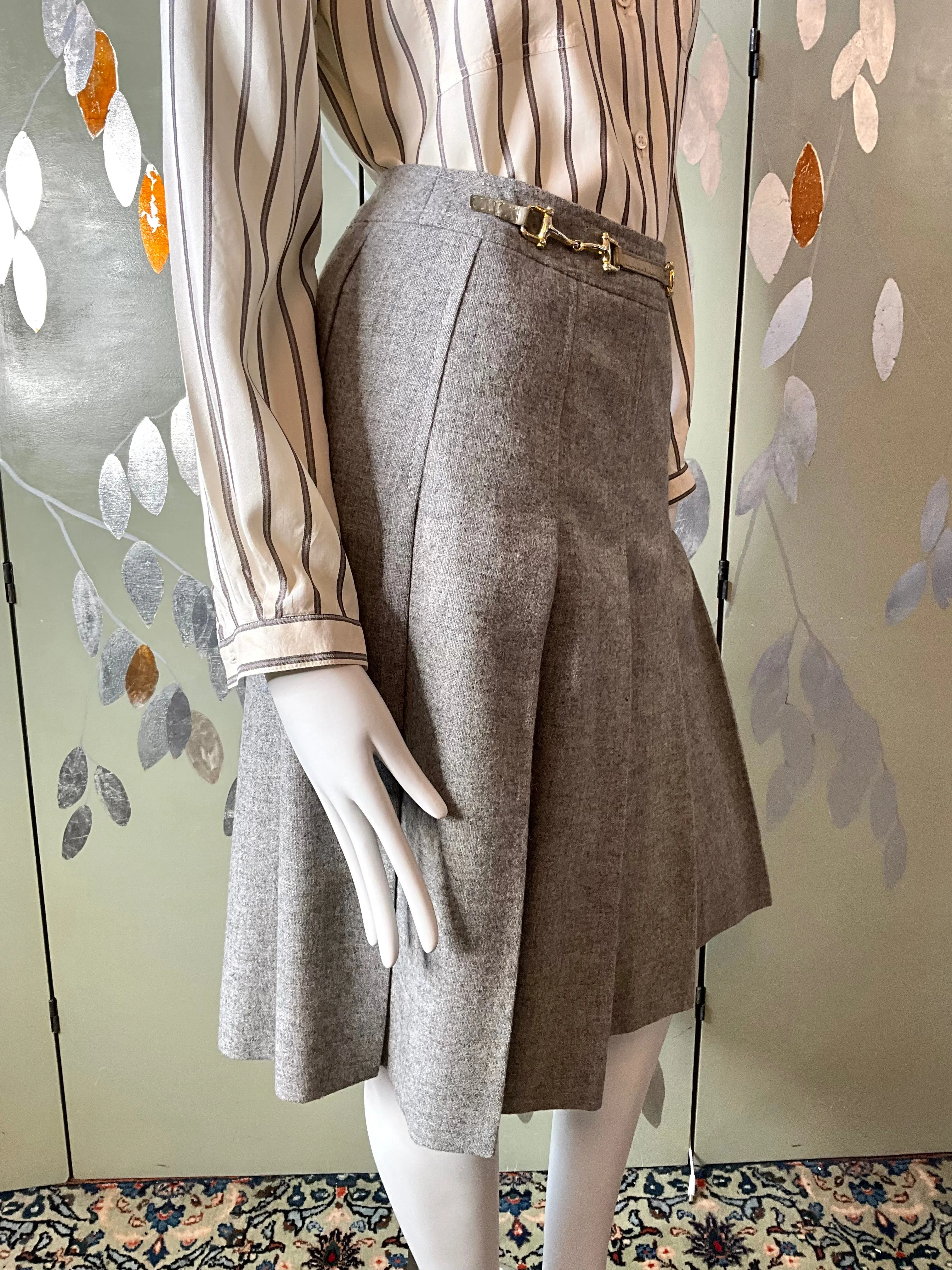 Vintage 1970s Celine Pleated Grey Wool Skirt, Small