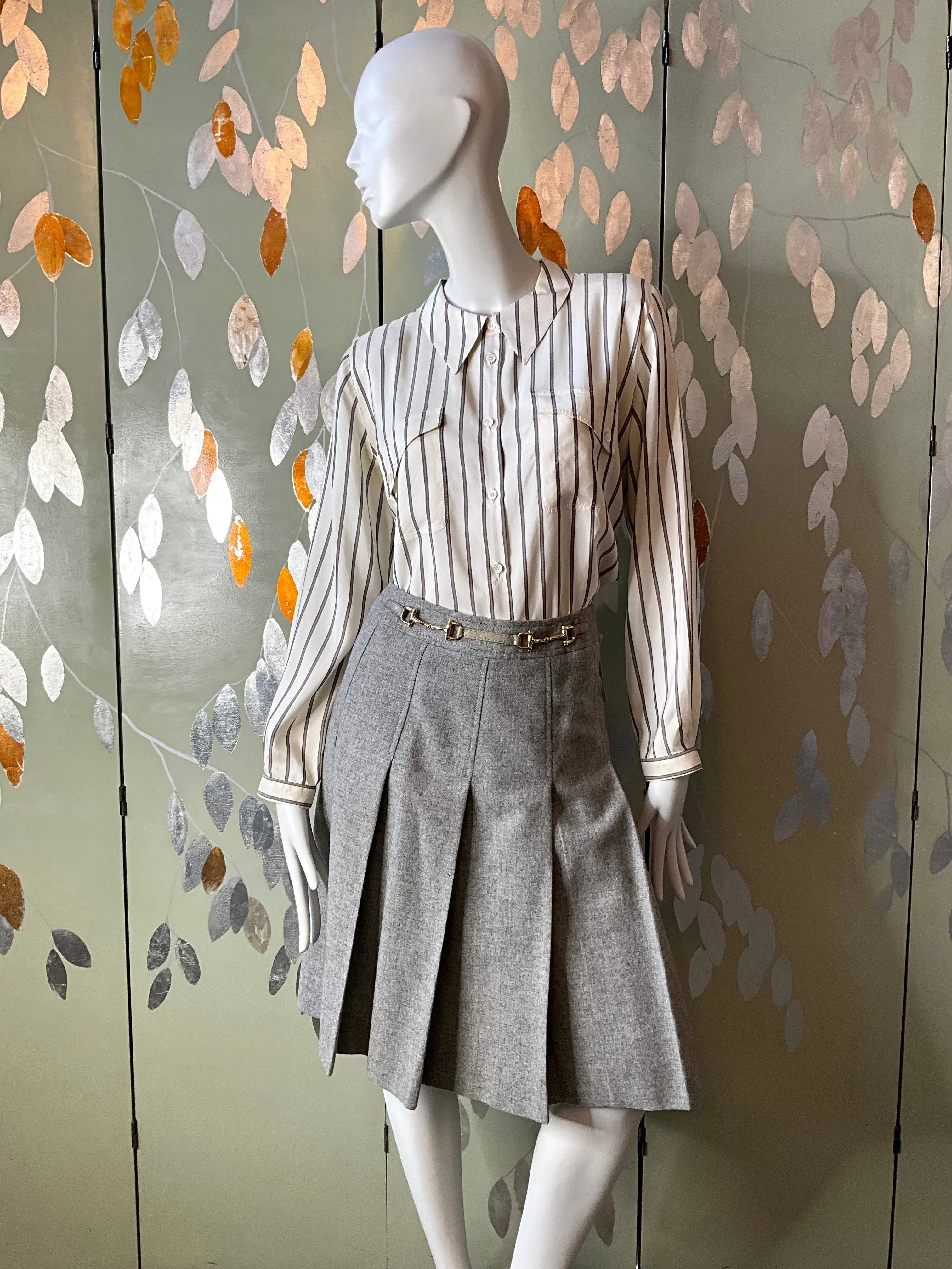 Vintage 1970s Celine Pleated Grey Wool Skirt, Small