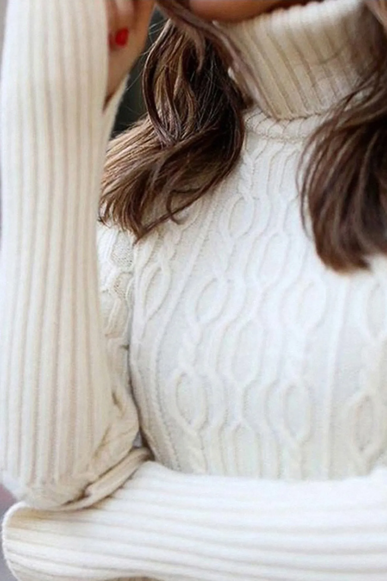 White Turtleneck Cable Knit Ruffled Mini Dress