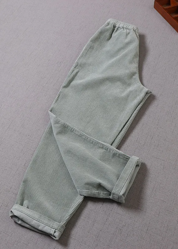 Women Light Green Pockets Corduroy Pants Winter