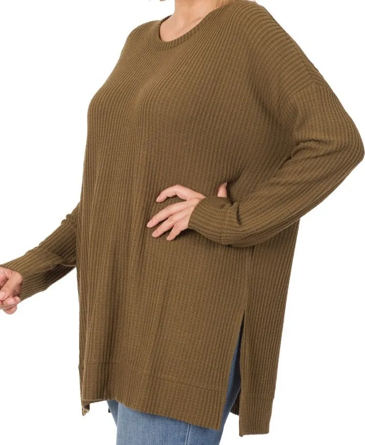 Zenana Brushed Thermal Waffle Round Neck Sweater