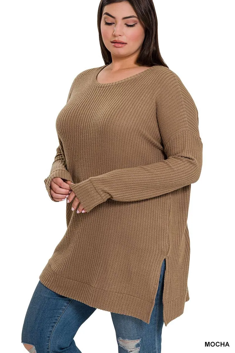 Zenana Brushed Thermal Waffle Round Neck Sweater