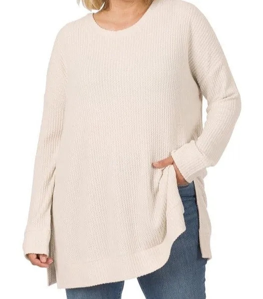 Zenana Brushed Thermal Waffle Round Neck Sweater