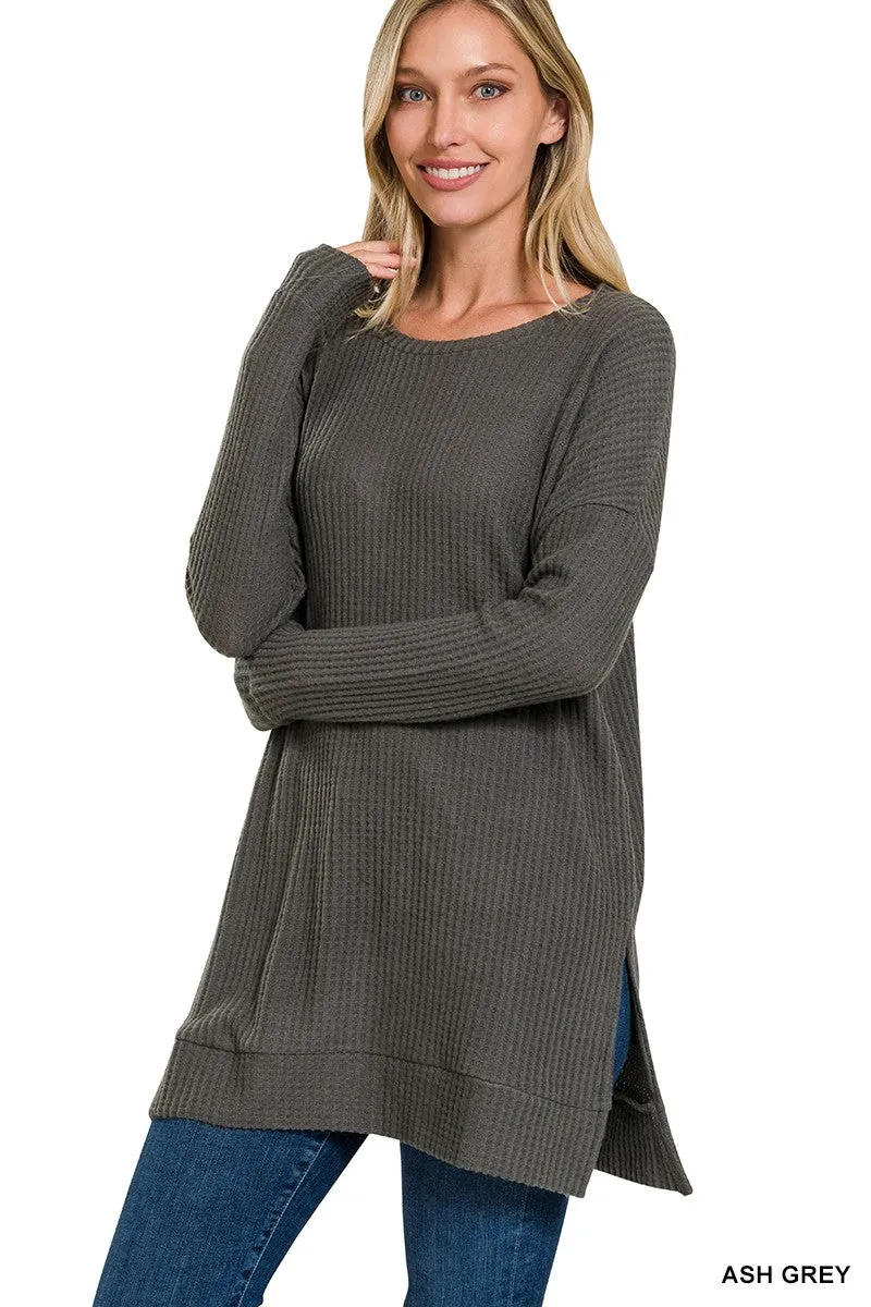 Zenana Brushed Thermal Waffle Round Neck Sweater