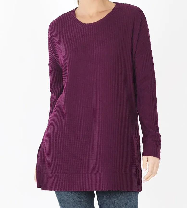 Zenana Brushed Thermal Waffle Round Neck Sweater