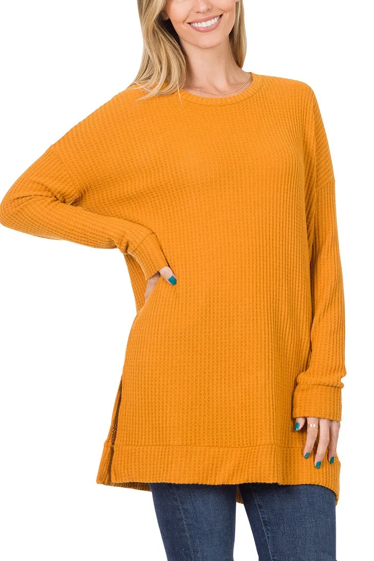 Zenana Brushed Thermal Waffle Round Neck Sweater